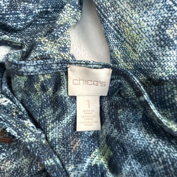 Chico’s Womens Albany Crochet Studded Shoulder Top Size 1 Blue Cheetah Casual - Picture 3 of 8